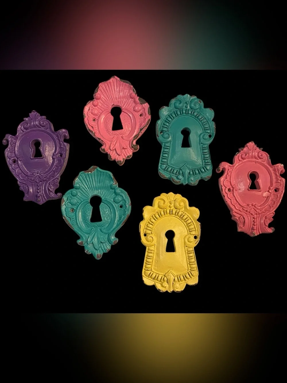 Ornate Decorative Multicolor Distressed Ceramic KeyHoles Whimsical Vintage Style
